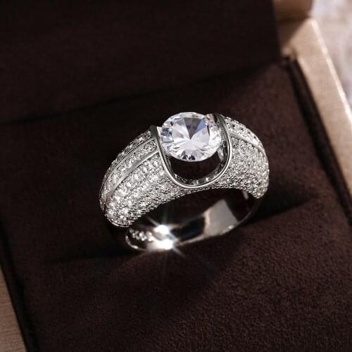 Gorgeous 8mm Rond Crystal Wedding Rings for Women Silver Plated Brilliant Bridal AAA White Zircon Ring Trendy Jewelry Wholesale