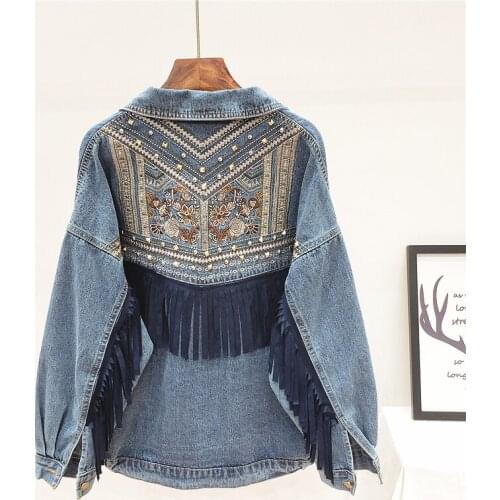 Rivet Embroidery Tassel Denim Jacket Women Loose Long Sleeve Short Outwear Spring Autumn Fashion Black Jeans Jacket Coat Female