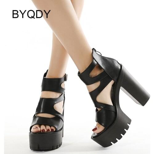 BYQDY Top Quality Platform Heel Women Sandals Open Toe Back Zipper Punk Gothic Ladies Shoes High Heels Hollow Out Model Size 42