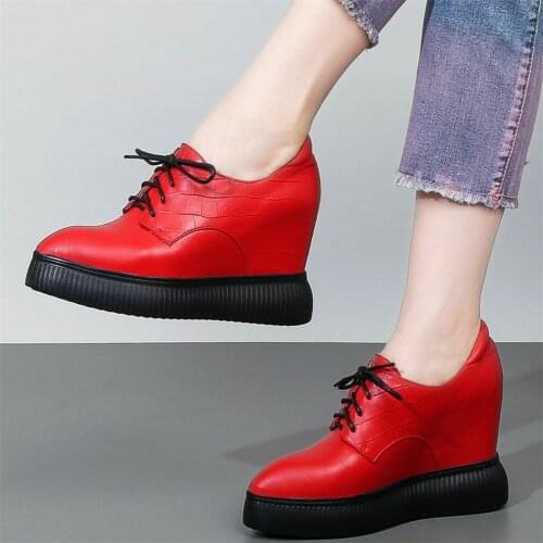 10cm High Heel Fashion Sneakers Women Lace Up Genuine Leather Wedges Ankle Boots Female Pointed Toe Platform Pumps Casual Shoes
