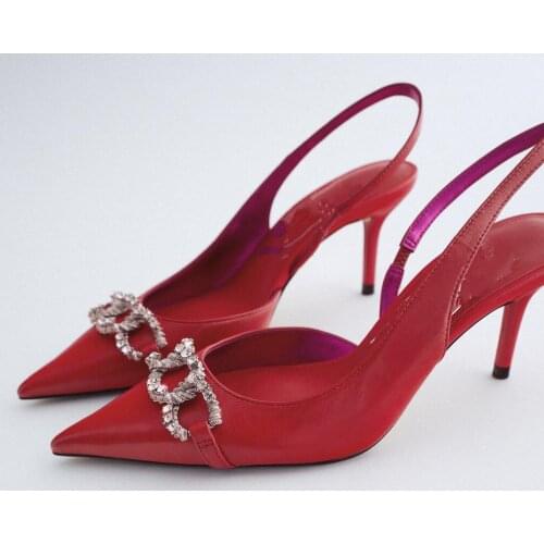 Womens Sandals 2021 Spring New Womens Red Pointed Toe Shoes Crystal Decoration High Heel Rear Trip Belt Single Shoes