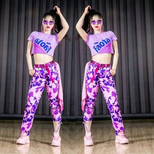 Women Stage Costumes Hip Hop Clothes Women Street Dancewear Nightclub Ballroom Set Rave Outfits Purple Camouflage Pants DT3071