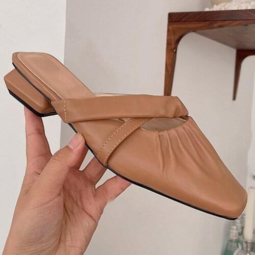 Womens Sexy Low Heels Sandals Fashion Slip On Women Shoe 2021 Ladies PU Leather Slippers Pointed Toe Female Footwear New