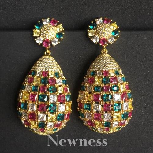 Newness Multi Purple Pink Green Color CZ Crystal Water Drop Indian Gold Vintage Flower Earrings for Women