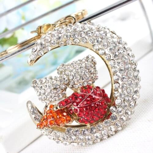Moon Crescent Lover Cat Keyring Rhinestone Crystal Charm Pendant Purse Bag Key Chain Jewelry Lover Valentines Gift