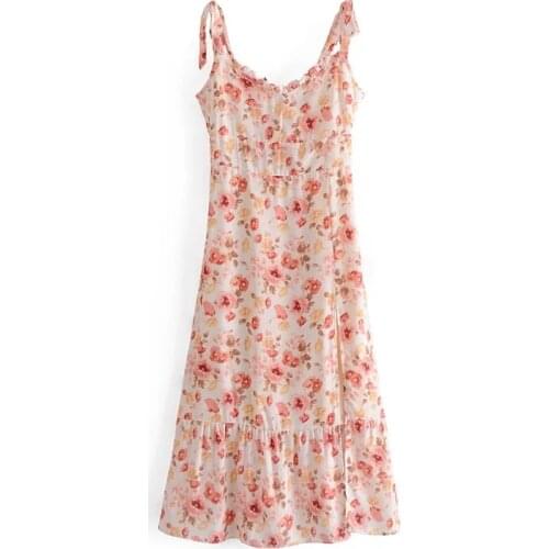 Merodi Chic Lady Vintage Floarl Print Spaghetti Strap Elastic Back Zipper Long Dresses Women Fashion Backless High Waist Dress