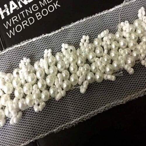 5Yards White Pearl Beaded Lace Trim Embroidered Lace Applique Mesh Fabric Ribbons For Sewing Collar Wedding Dress Accessories