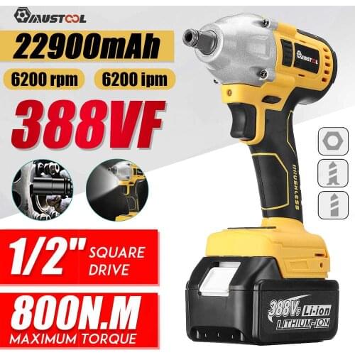 MUSTOOL 800N.m 388VF Brushless Electric Impact Wrench Rechargeable 1/2 Square Cordless Wrench Power Tools for Makita 18V Battery