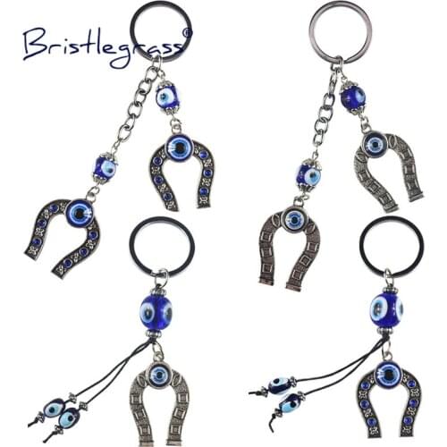 BRISTLEGRASS Turkish Blue Evil Eye Rhinestone Horseshoe Key Chain Ring Holder Lover Keychain Amulet Lucky Charm Blessing Pendant