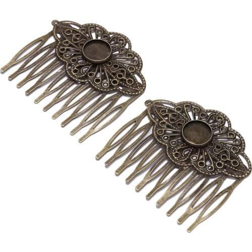 5pcs 52*56mm Bronze Metal Hair Comb 12mm Glass Cabochons Settings Hair Clips For Jewelry Making Findings DIY Hairpins Accessorie