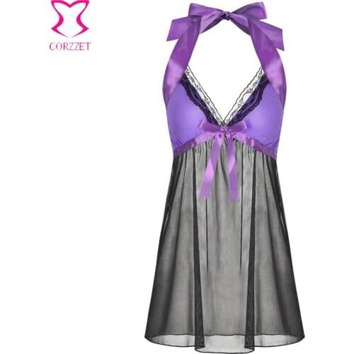 Corzzet Purple Halter Satin V-neck Nightwear Sexy Lingerie Lace Mesh Women Night Skirt Underwear Sleepwear Sleep Dress Sleepgown
