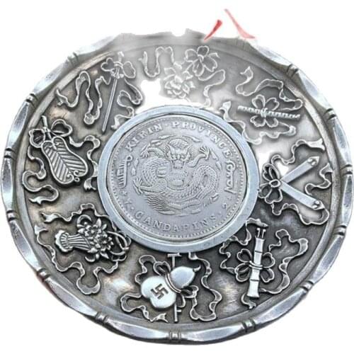 China Old Carved Tibetan Silver Writing-Brush Washer Ornaments Plates