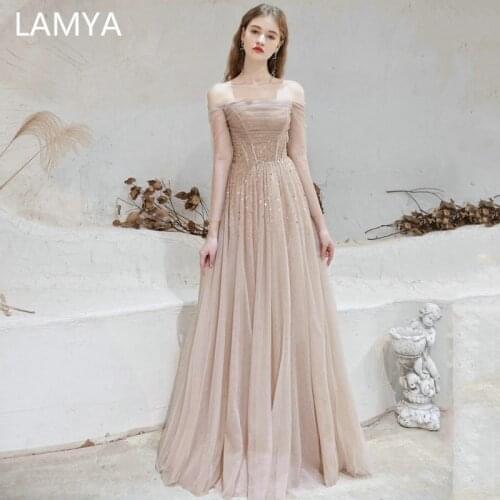 LAMYA 2021 Luxious Beads Evening Dresses With Tulle Sleeve Fashionable Prom Gown Elegant Plus Size Robe De Soiree