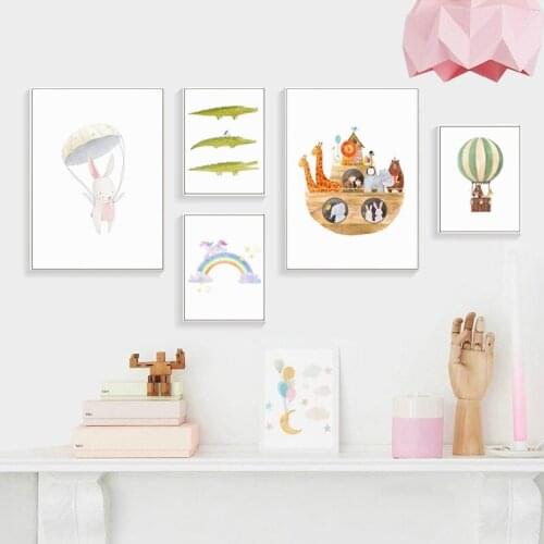 Cartoon Nursery Poster Rainbow Unicorn Children Room Decoration Canvas Painting Wall Picture for Living Room Rabbit Crocodile