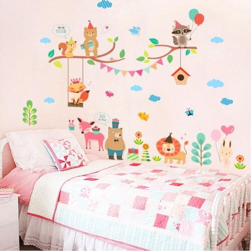 Sticker Wall Lovely Bear Lion Deer Fox Rabbit Branch Wall Stickers for Kids Rooms Decor Cartoon Animals Wallpaper Sticker Kawaii
