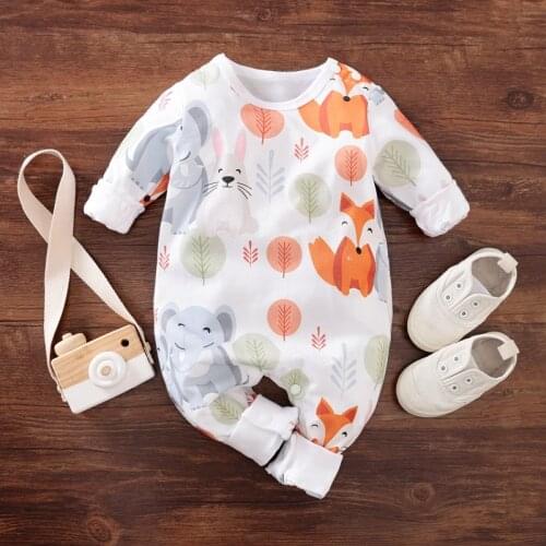 PatPat 2021 New Baby Overlay Fox and Elephant Jumpsuit for Baby Long-Sleeve Cotton Rompers Clothes