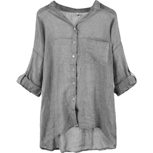 Soild Women Shirt Casual Three Quarter Sleeve Blouse Tops Linen Summer Loose Shirts For Women Stand Tunic Tops Blusas De Mujer