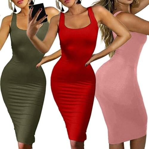 Summer Women Dress Sexy Solid Color Sleeveless Square Neck Party Bodycon Knee-length Dress Backless Elegant Party Club Clothes