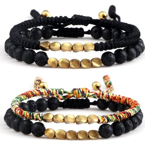 2Pcs/Set Braided Bracelet Couple Irregular Copper Beads Spacer Lava Black Matte Bracelets Women Charm Bangles Jewelry Gift New