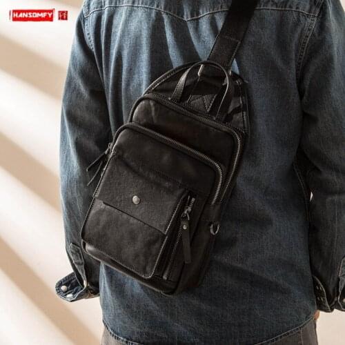 Leather Casual Mens Chest Bag First Layer Cowhide Large Capacity Trend Messenger Bag Soft Leather Wild Outdoor Shoulder Bags