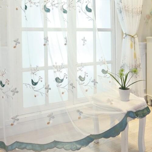 Bird Embroidered Tulle Curtain For Bedroom Living Room Kids Boy Velvet Lace Wave Bottom Blue Pink Window Treatment Drapes M064C