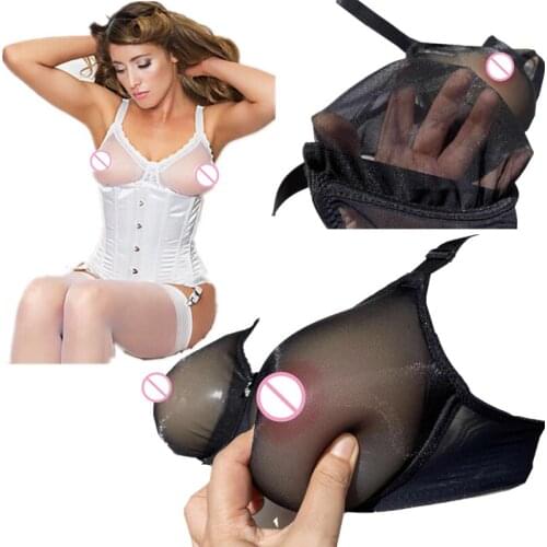 Plus Size E F Cup Mesh Sexy See Through Bra Sheer Bra Crossdresser Bra Pocket Fake Breast Bra Lingerie Bra Exotic Apparel