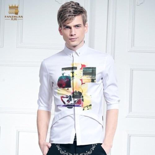 Free shipping New male Summer casual fashion Mens half sleeve shirt hem fake two dovetail solid Abstract floral blouse 612031