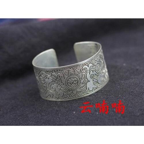 Miao silver cylinder Dragon Phoenix hairpin adjustable hand Miao Silver Wide Bracelet