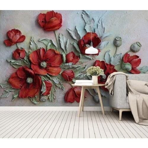 Modern antique 3D aesthetic three-dimensional relief red poppies background wallpaper decorative painting