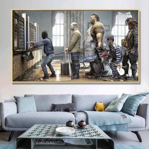 Modern Funny Art Robbers Queue Rob Bank Canvas Painting Art Prints Wall Picture On Poster Painting For Living Room Decoration