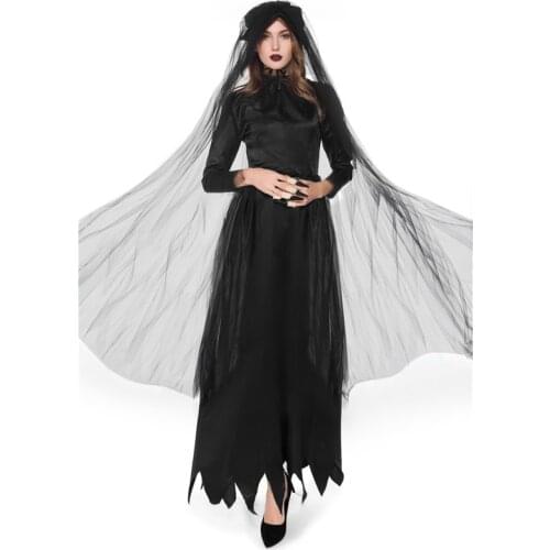 Medieval Black Bridal Veil Vampire Witch Bride Halloween Cosplay Costume For Women Party Performance Thriller Sexy Clothing