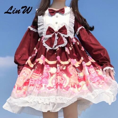 Sweet Lolita bear party cute op long sleeve dress autumn bowknot lace victorian dress kawaii girl gothic lolita op loli cos