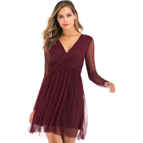 Vintage Shirt Dress Mesh Lace Dress Summer Dresses Women Fashion V-neck Sexy Women Dress Knee-Length Full Sleeve Dress for Women