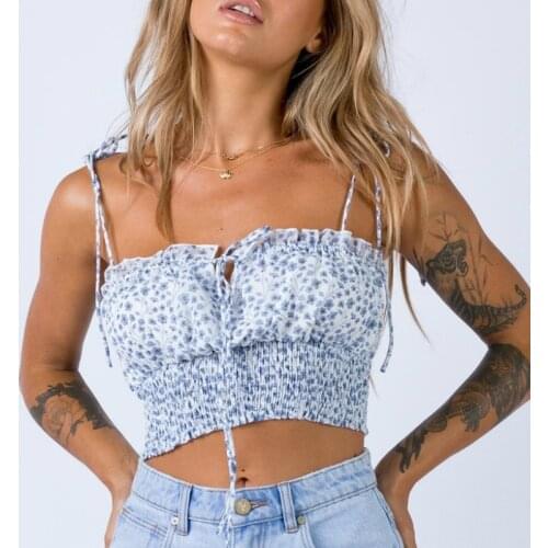 Wsevypo Blue Floral Ruched Hem Camis Summer Chic Womens Front Lace Up Straps Crop Tops Casual Backless Sleeveless Corsets Top