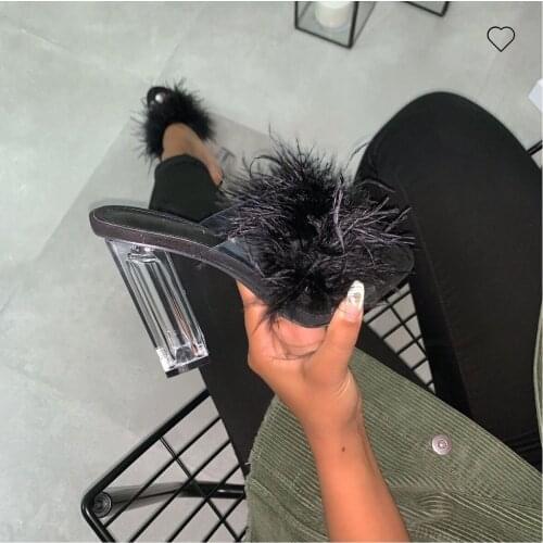 Woman Real Fur Feather Hairy Sandals Slippers Crystal Square High Heels Peep Toe Mules Lady Perspex Heel Discount Pumps