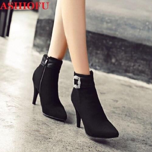 ASHIOFU New Handmade Ladies High Heels Boots Sexy Party Prom Ankle Booties Crystals Large Size 35-47 Daily Wear Fashion Boots