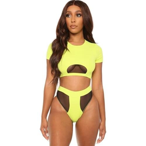 Women Ladies Bikini Sets Swimsuit Summer Beachwear Push-up Bikinis Bathing Suit Short Sleeve Top + High Waist Swimming Trunks
