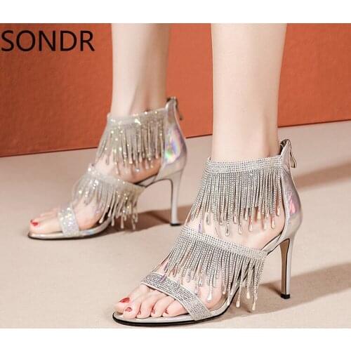 Womens Open Toe Genuine Leather Rhinestones Tassels Sandals Hoof High Heel Shoes Ankle Belt Luxury 3Colors Plus Size New 2021