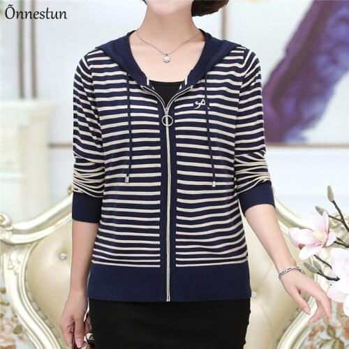 Stripe Cardigans Sweater Women Autumn Zipper Sweater Top Coat With Hooded Femme Korean Fashion Female Cardigan