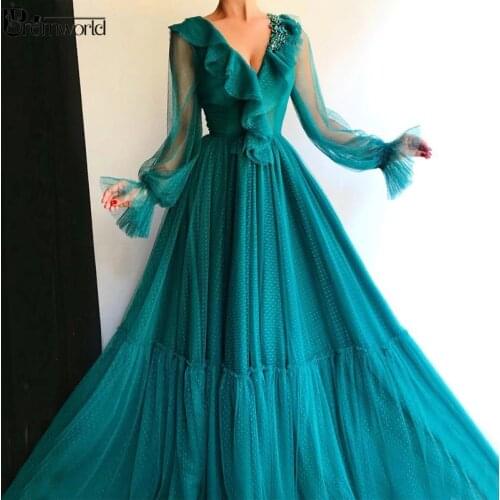 Abendkleider Teal Full Sleeves Muslim Evening Dresses Long Tulle V-Neck Crystal Dubai Caftan Formal Party Gown Prom Dress 2020