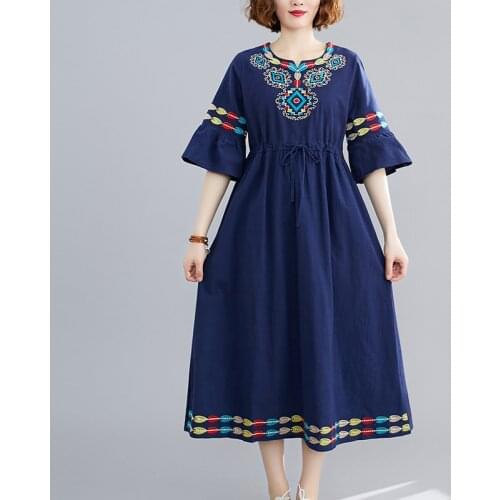 2020 New Summer Vintage Women Dress Plus Size Embroidered Cotton Linen Short Sleeves V-Neck Casual Loose Robe Long Dresses