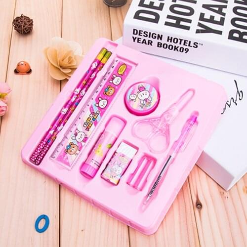 10pcs/set Cute Multi-functional Pencil Ruler Eraser Sharpener Ballp Pen Scissors Students Stationary Set Children Birthday Gift