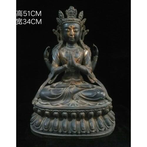 20"Tibet Buddhism Temple Old Bronze Gilt Cinnabars bottom Four-armed Guanyin Bodhisattva The patron saint of Tibet Enshrine