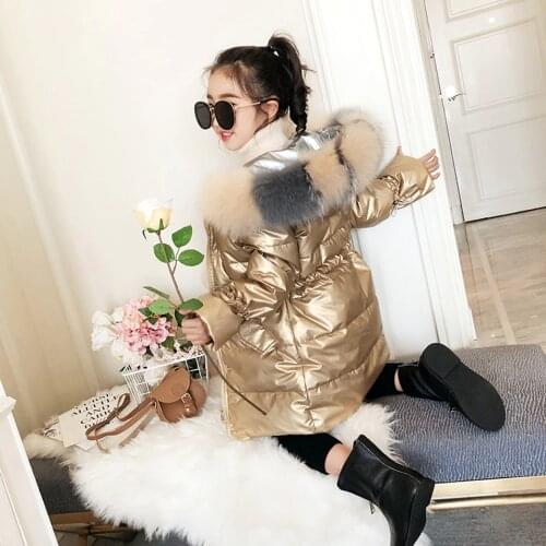 2019 Jackets Hooded Thicken Children Bright Coats Winter New Casual Silver Girl Down Jackets Long Loose Solid Down