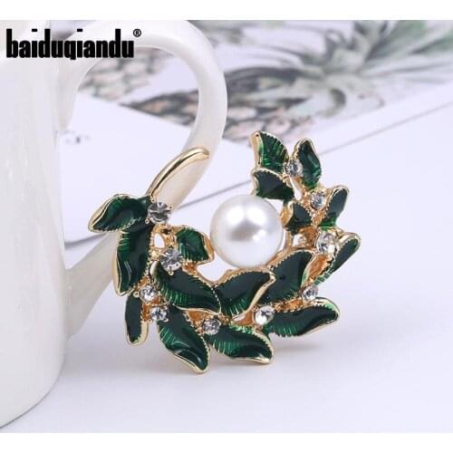Baiduqiandu Gold Color Plated Simulated Pearl and Green Enameled Moon Shape Brooch Pins for Women or Girls