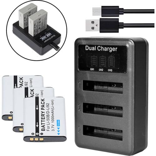 Battery(3-Pack) + LCD USB Triple Charger FOR Olympus Li-50B for Pentax D-Li92 Ricoh DB-100