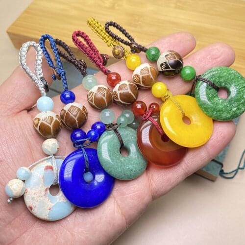 New Natural Agates Stone Round Pendant Handmade Carved Lotus Keychains Key Ring Key Holder for Women Car Bags Accessories