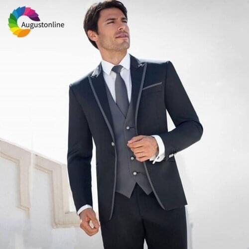 Black Men Suits for Wedding Peaked Lapel Custom Made Groom Tuxedos Slim Fit Best Man Blazers 3 Pieces Jacket Pants Vest Ternos
