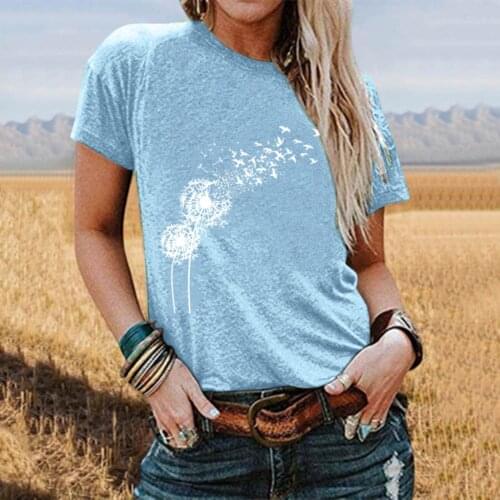 Floral Fshirts Women Dandelion Printed Women Tee Shirt Solid Color Round Neck Summer Top Plus Size T-Shirt Female Steetwear