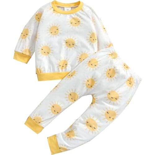 6M-4T Infant Newborn Baby Girls Boys 2Pcs Clothes Set Long Sleeve Tops Shirt Pants Sun Printed Homewear Sleepwear Costumes